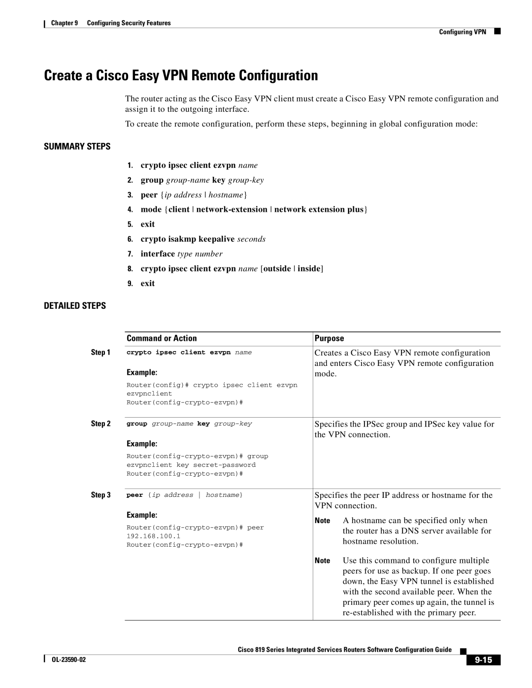 Cisco Systems C819HG4GVK9, C819GUK9 manual Create a Cisco Easy VPN Remote Configuration, Crypto ipsec client ezvpn name 