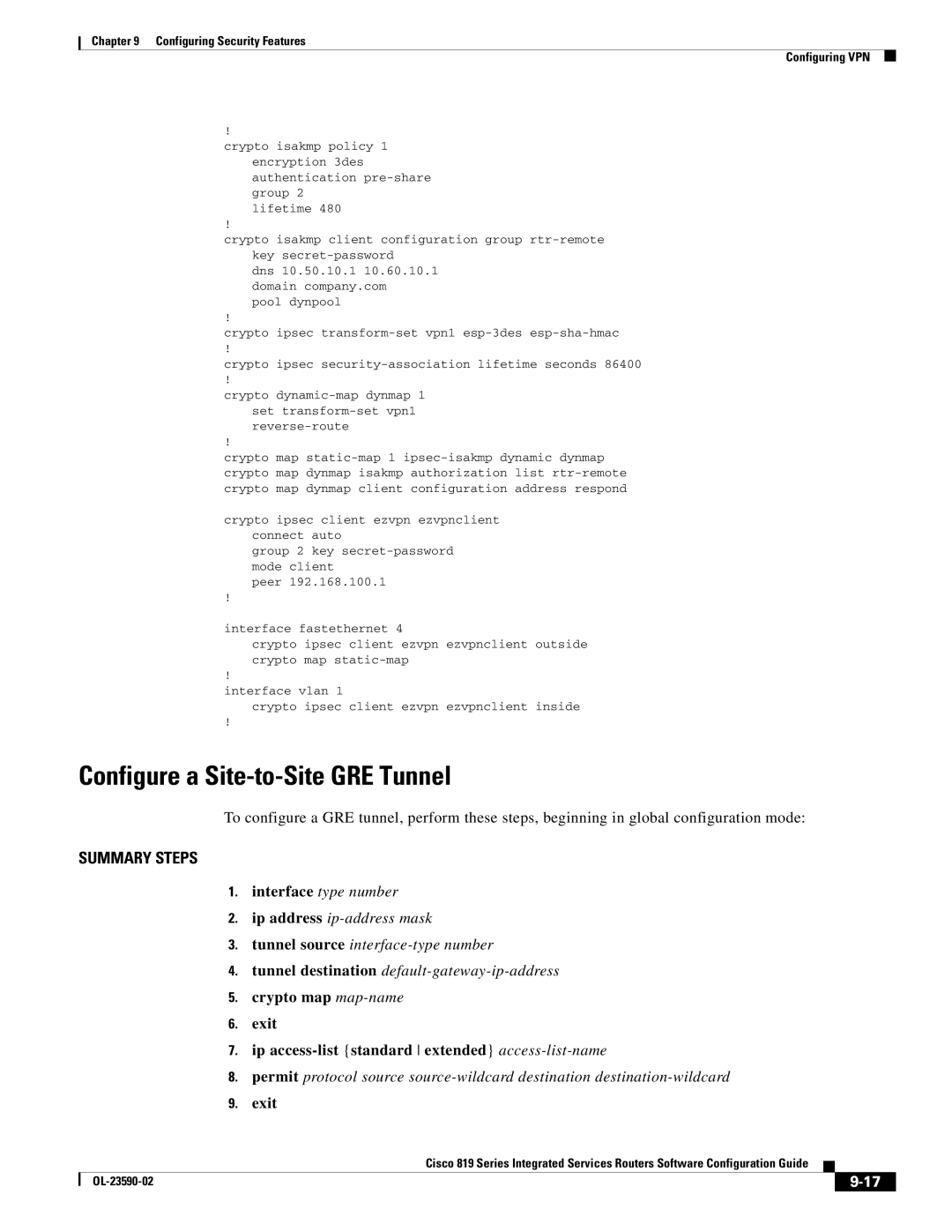 Cisco Systems C819HG4GVK9, C819GUK9 manual Configure a Site-to-Site GRE Tunnel 