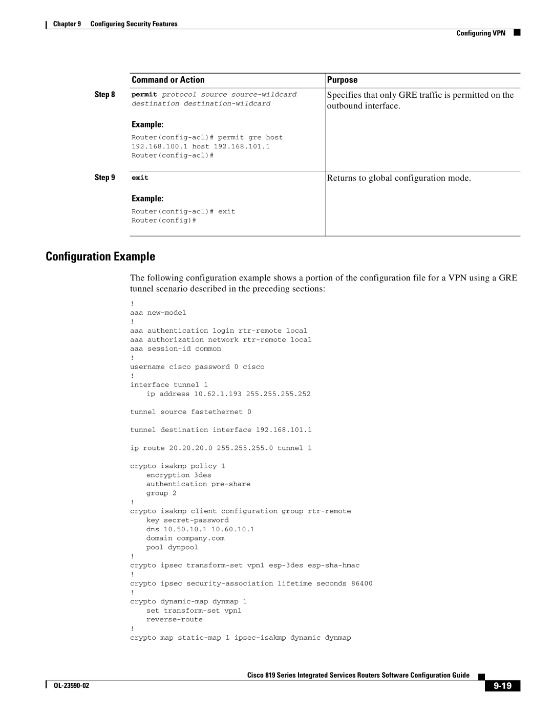 Cisco Systems C819HG4GVK9, C819GUK9 manual Example, Returns to global configuration mode 