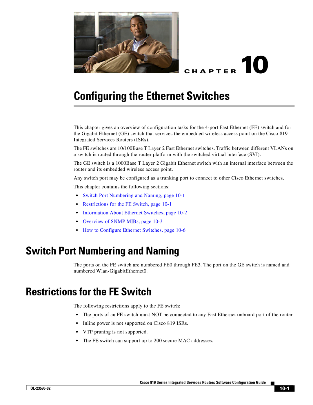 Cisco Systems C819HG4GVK9, C819GUK9 manual Configuring the Ethernet Switches, Switch Port Numbering and Naming, 10-1 