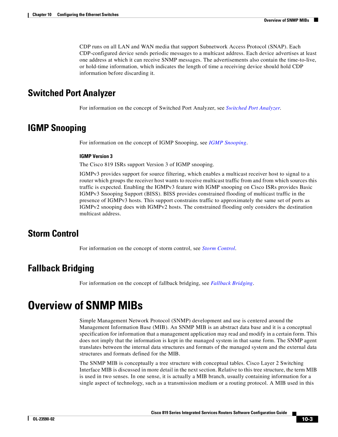 Cisco Systems C819HG4GVK9 Overview of Snmp MIBs, Switched Port Analyzer, Igmp Snooping, Storm Control, Fallback Bridging 