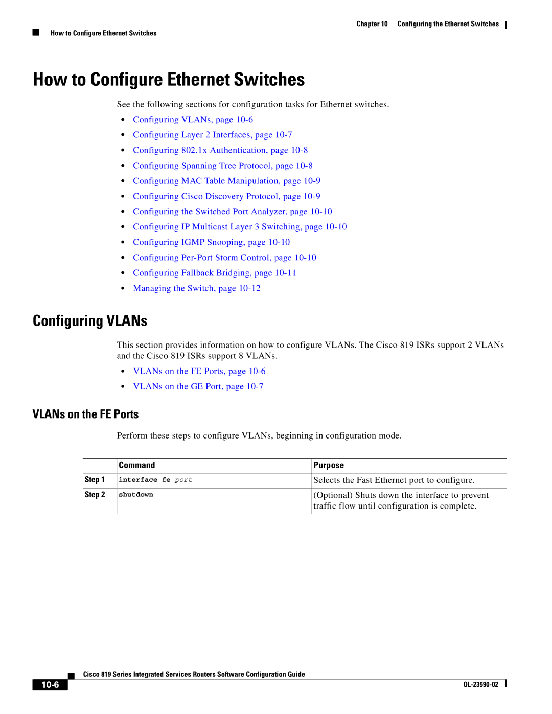 Cisco Systems C819GUK9, C819HG4GVK9 How to Configure Ethernet Switches, Configuring VLANs, VLANs on the FE Ports, 10-6 