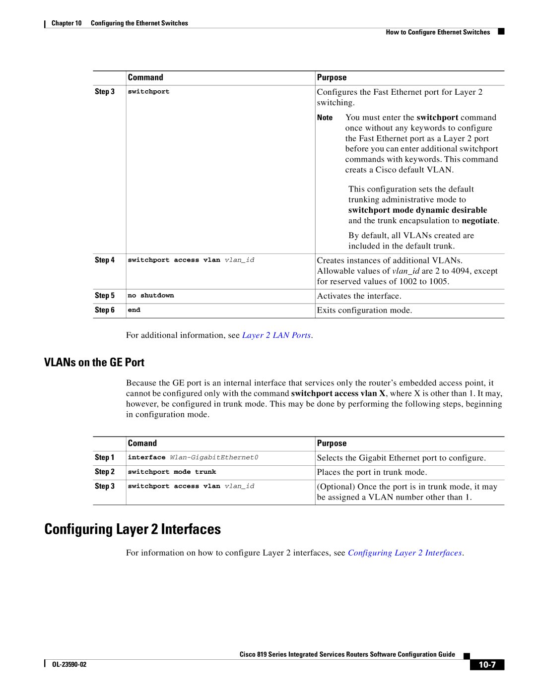 Cisco Systems C819HG4GVK9 Configuring Layer 2 Interfaces, VLANs on the GE Port, Switchport mode dynamic desirable, 10-7 