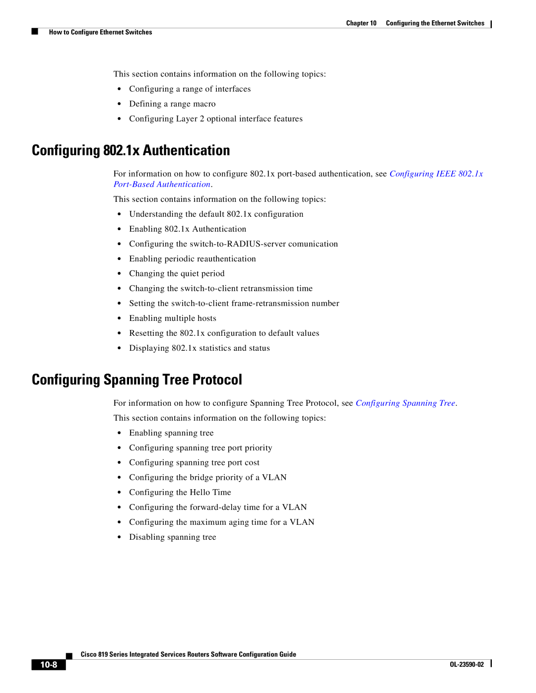 Cisco Systems C819GUK9, C819HG4GVK9 manual Configuring 802.1x Authentication, Configuring Spanning Tree Protocol, 10-8 