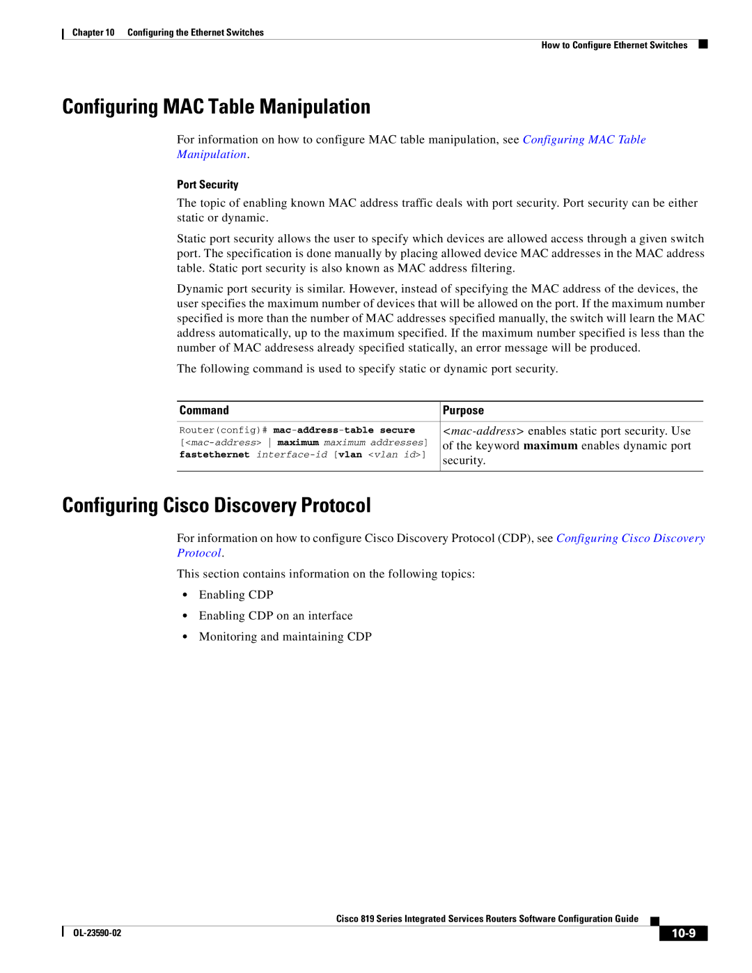 Cisco Systems C819HG4GVK9 Configuring MAC Table Manipulation, Configuring Cisco Discovery Protocol, Port Security, 10-9 