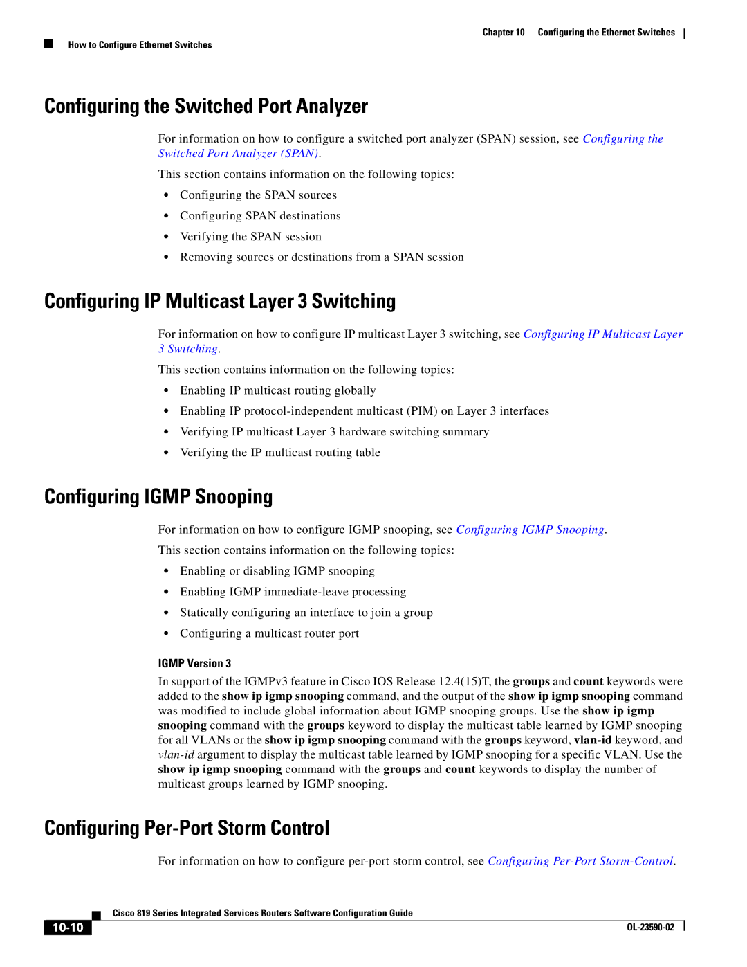 Cisco Systems C819GUK9 manual Configuring the Switched Port Analyzer, Configuring IP Multicast Layer 3 Switching, 10-10 