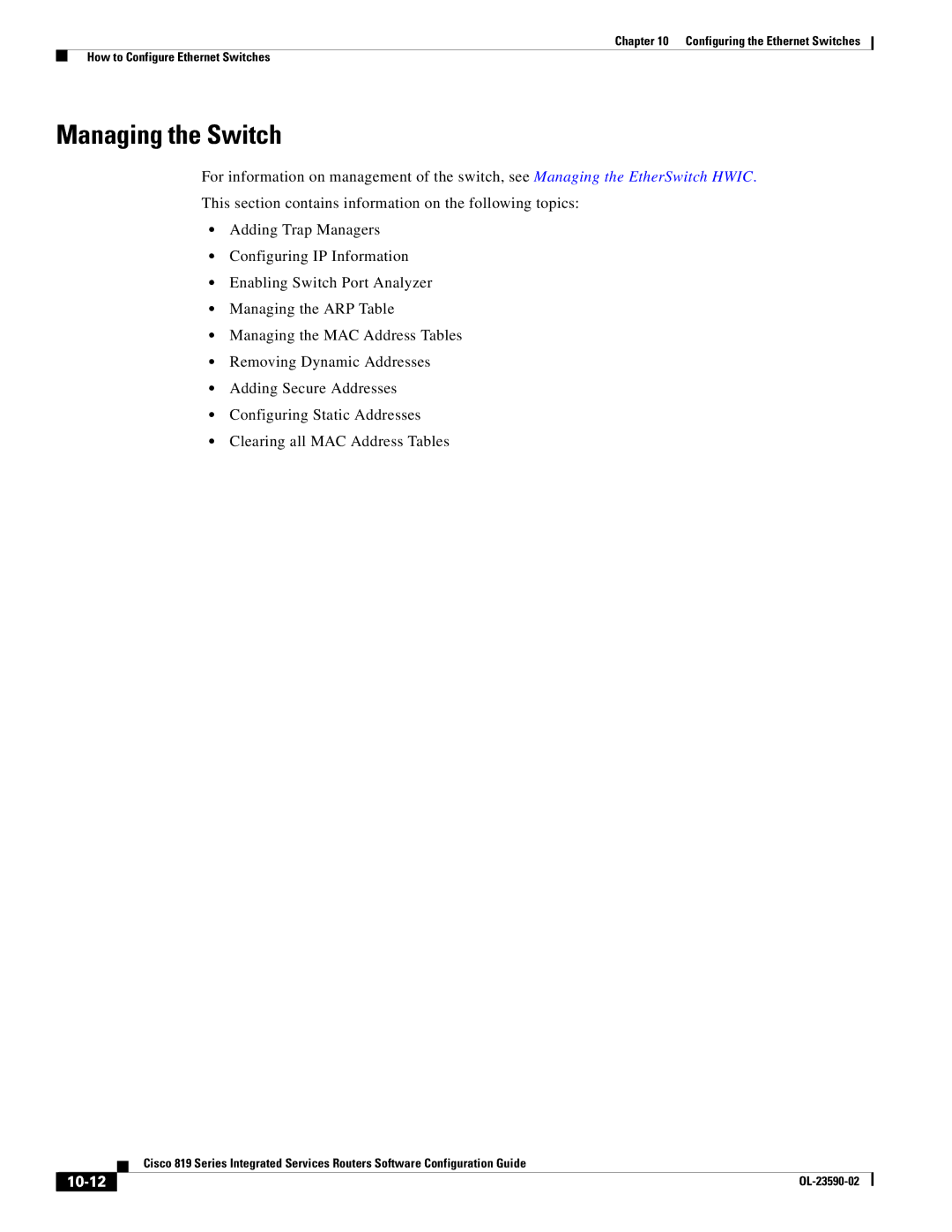 Cisco Systems C819GUK9, C819HG4GVK9 manual Managing the Switch, 10-12 