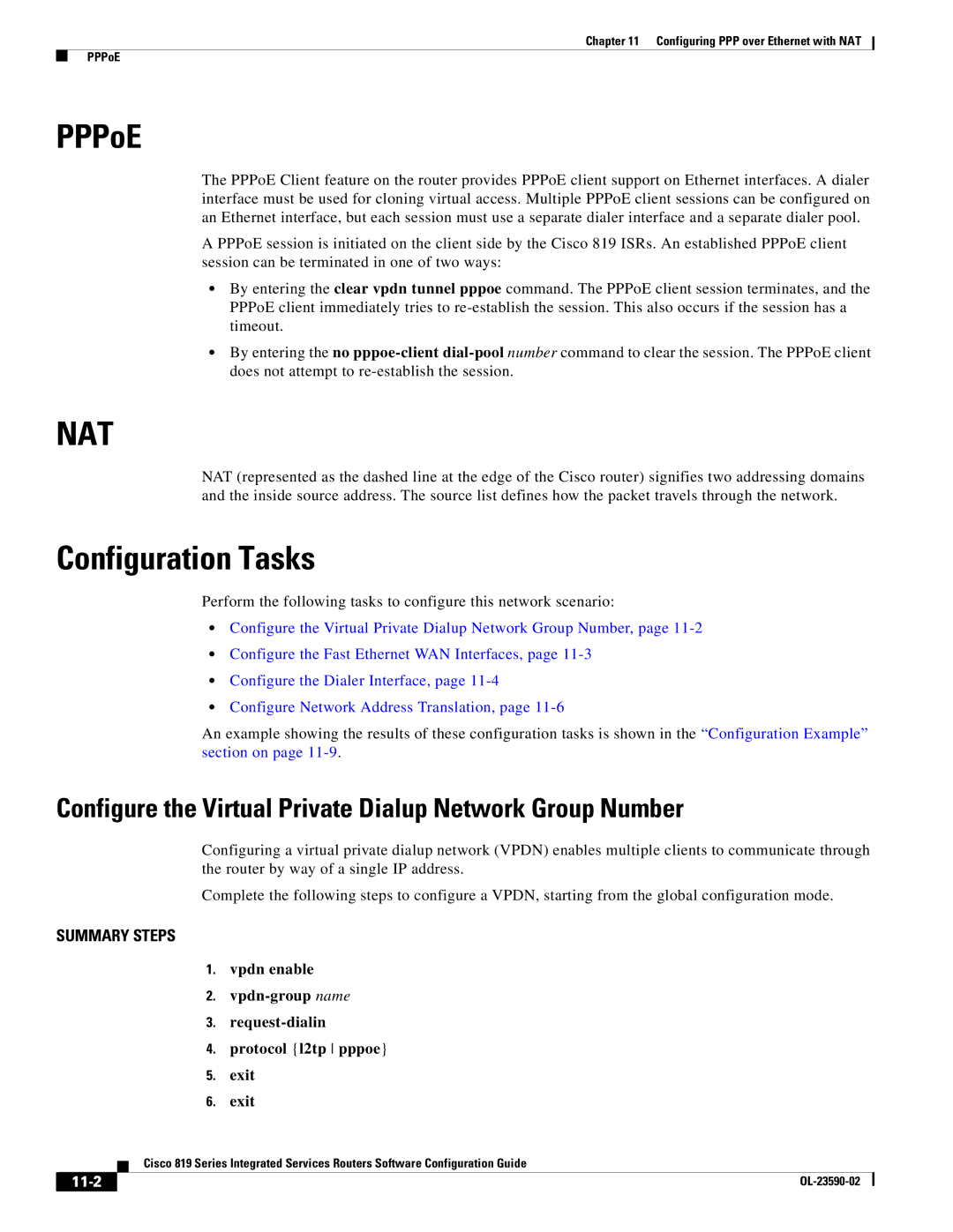 Cisco Systems C819GUK9 manual PPPoE, Configuration Tasks, Configure the Virtual Private Dialup Network Group Number, 11-2 