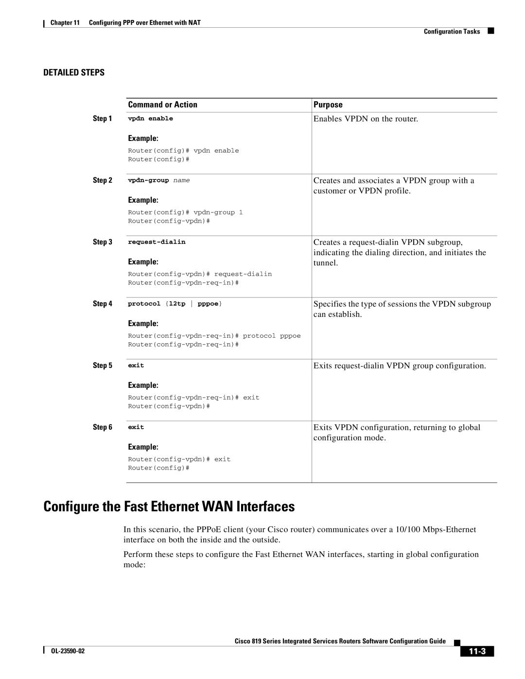 Cisco Systems C819HG4GVK9, C819GUK9 manual Configure the Fast Ethernet WAN Interfaces, 11-3 