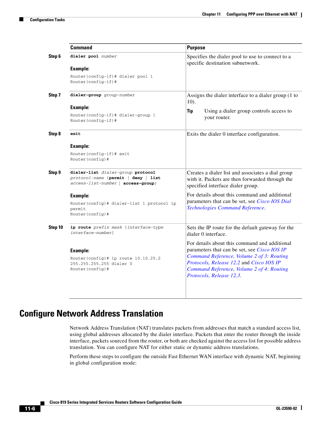 Cisco Systems C819GUK9, C819HG4GVK9 manual Configure Network Address Translation, 11-6 