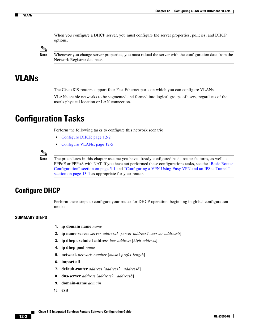 Cisco Systems C819GUK9, C819HG4GVK9 manual VLANs, Configure Dhcp, 12-2 