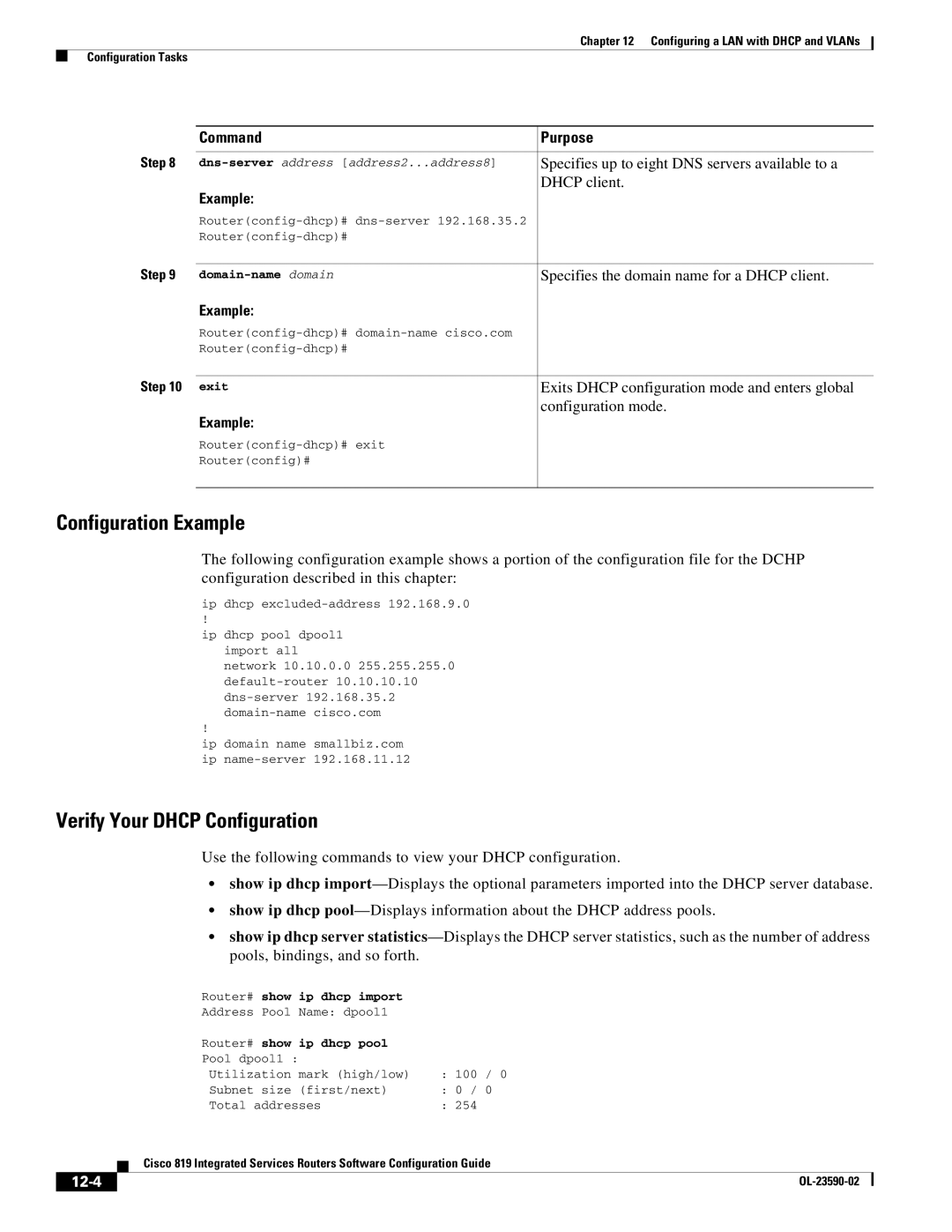 Cisco Systems C819GUK9, C819HG4GVK9 manual Verify Your Dhcp Configuration, 12-4 