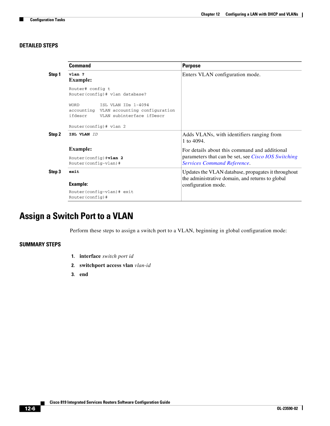 Cisco Systems C819GUK9, C819HG4GVK9 manual Assign a Switch Port to a Vlan, Example, Switchport access vlan vlan-id End, 12-6 