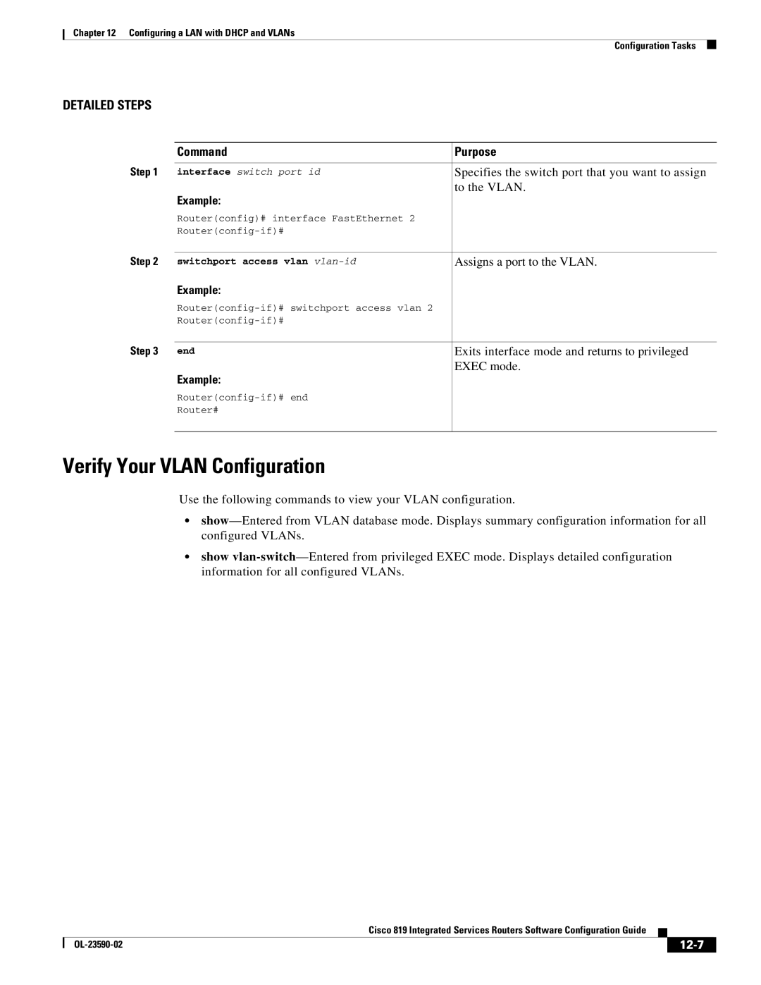 Cisco Systems C819HG4GVK9, C819GUK9 manual Verify Your Vlan Configuration, 12-7 