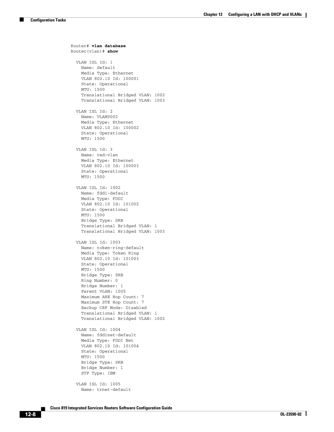 Cisco Systems C819GUK9, C819HG4GVK9 manual 12-8, Router# vlan database 