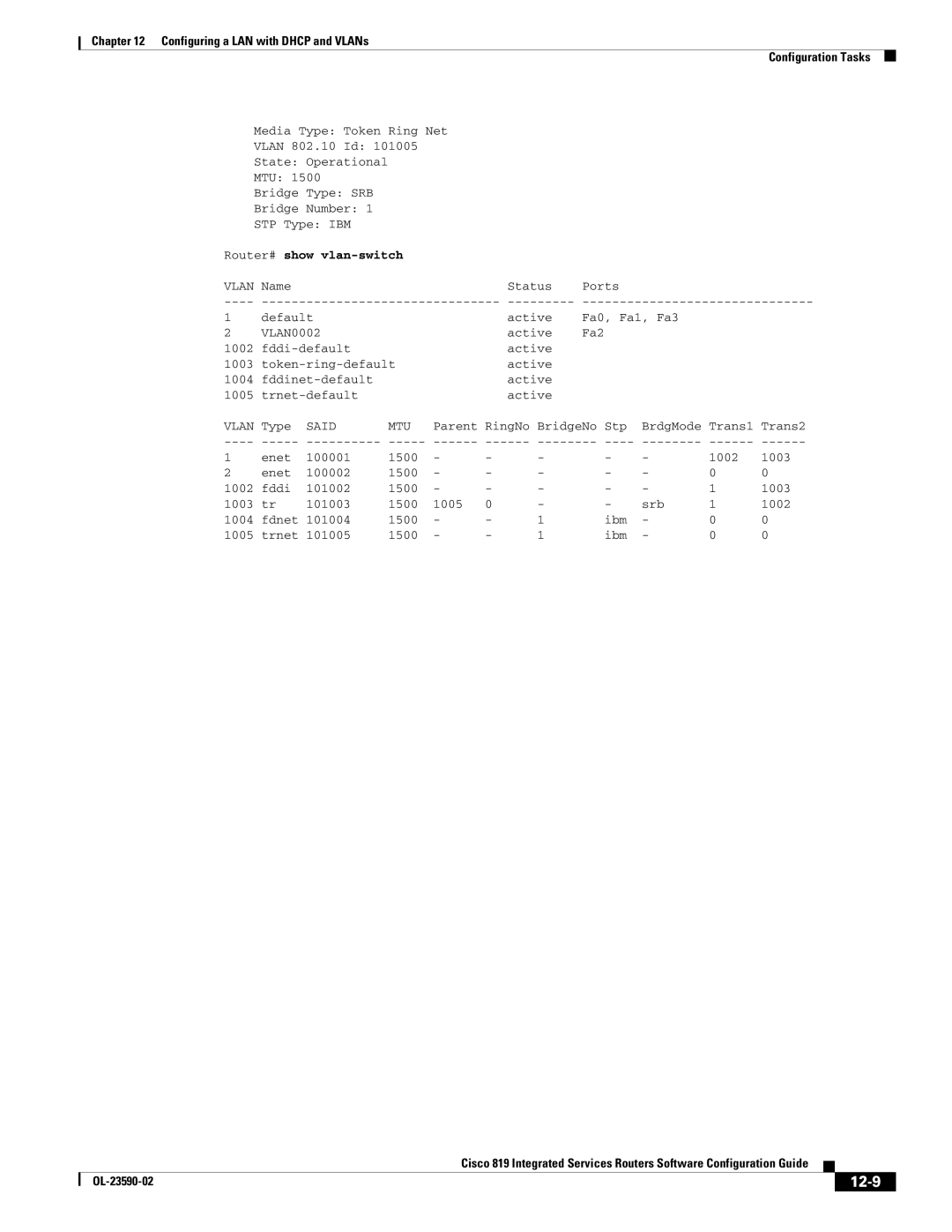 Cisco Systems C819HG4GVK9, C819GUK9 manual 12-9, Router# show vlan-switch 