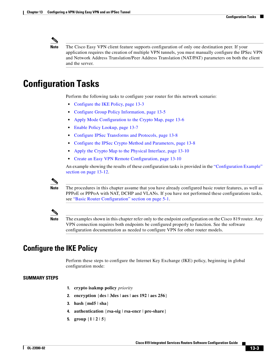 Cisco Systems C819HG4GVK9, C819GUK9 manual Configure the IKE Policy, 13-3 