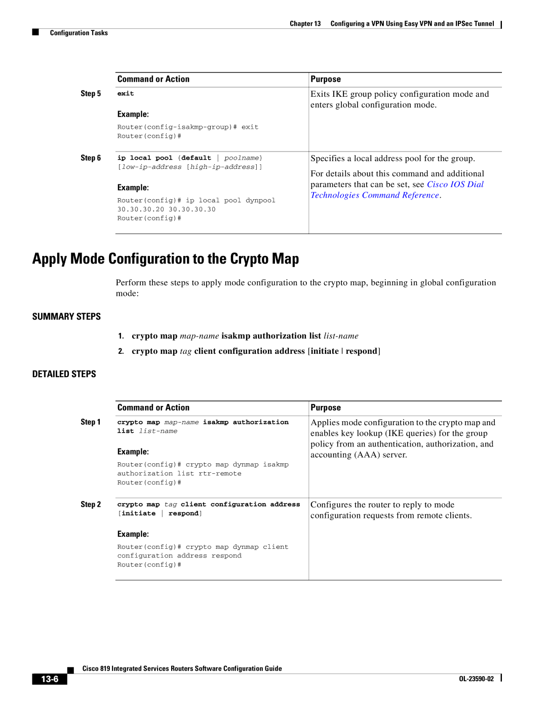 Cisco Systems C819GUK9, C819HG4GVK9 manual Apply Mode Configuration to the Crypto Map, 13-6 