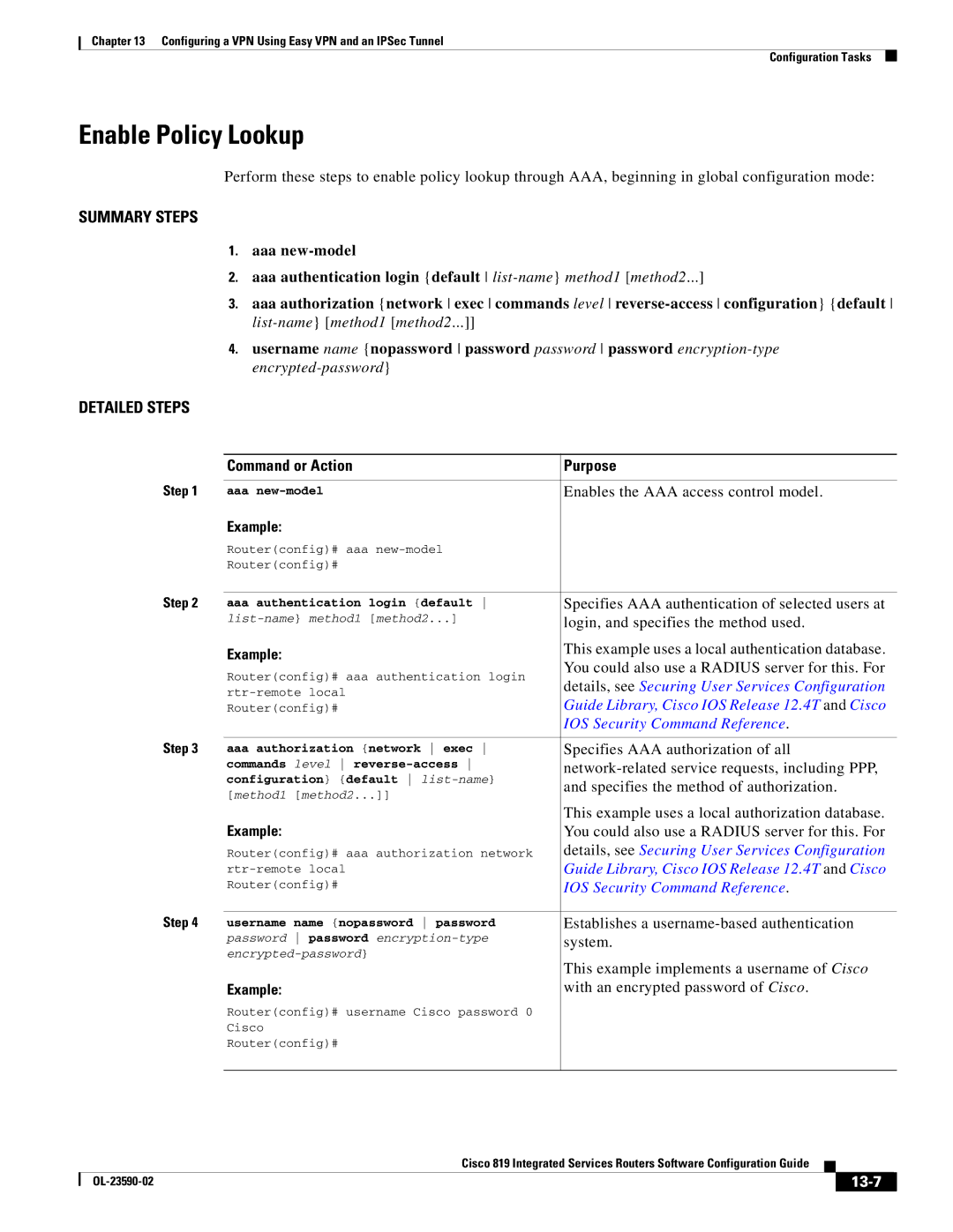 Cisco Systems C819HG4GVK9, C819GUK9 manual Enable Policy Lookup, Login, and specifies the method used, 13-7 