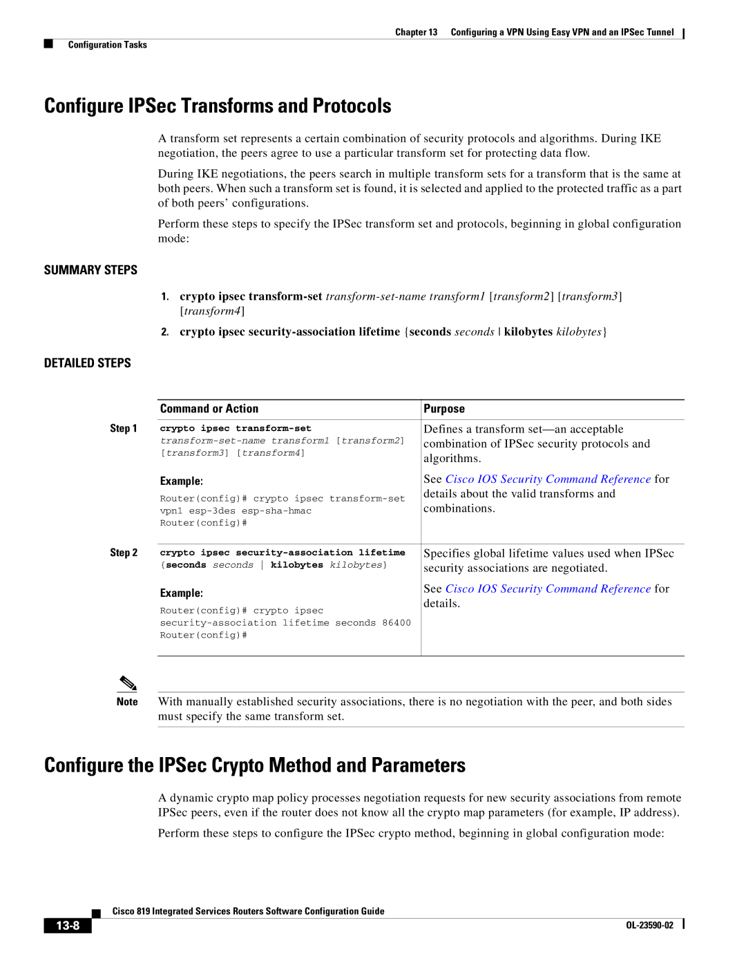 Cisco Systems C819GUK9 Configure IPSec Transforms and Protocols, Configure the IPSec Crypto Method and Parameters, 13-8 