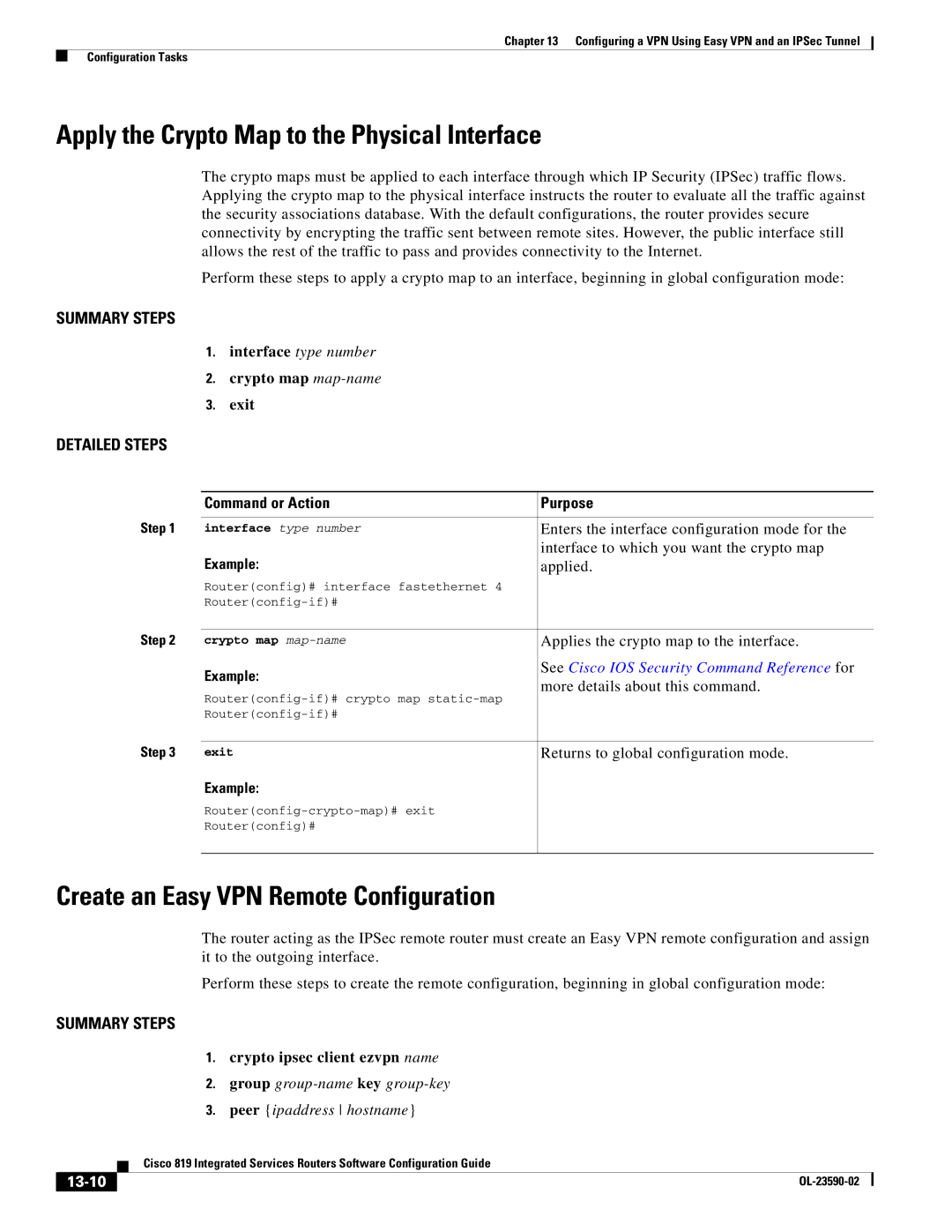 Cisco Systems C819GUK9 Apply the Crypto Map to the Physical Interface, Create an Easy VPN Remote Configuration, 13-10 