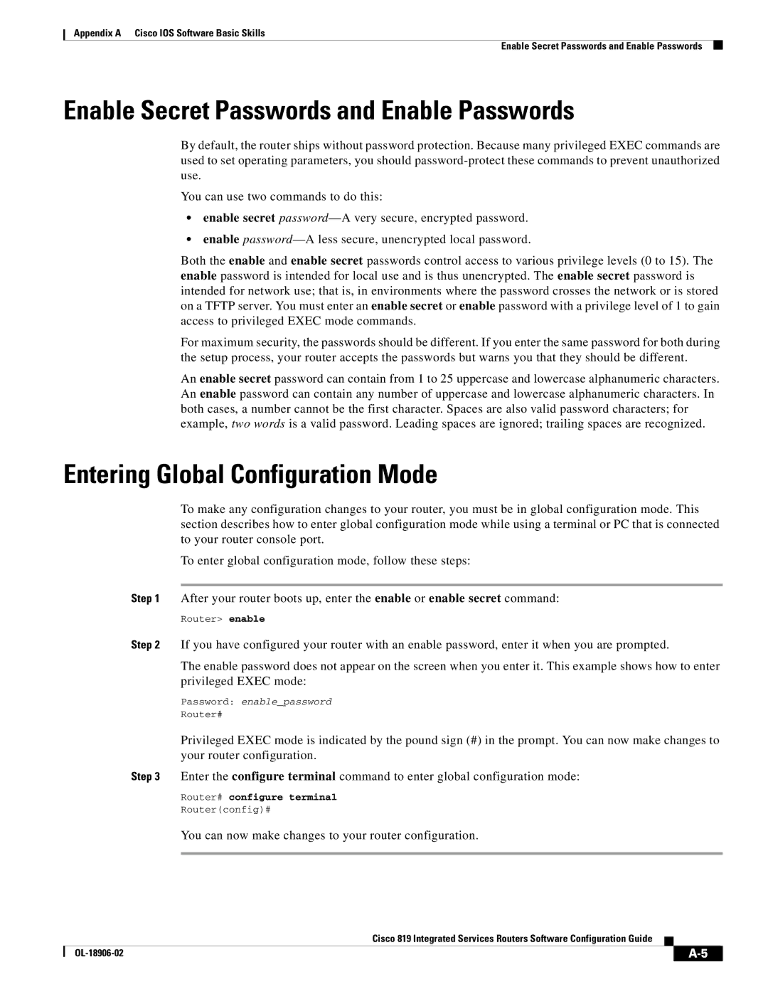 Cisco Systems C819HG4GVK9, C819GUK9 manual Enable Secret Passwords and Enable Passwords, Entering Global Configuration Mode 