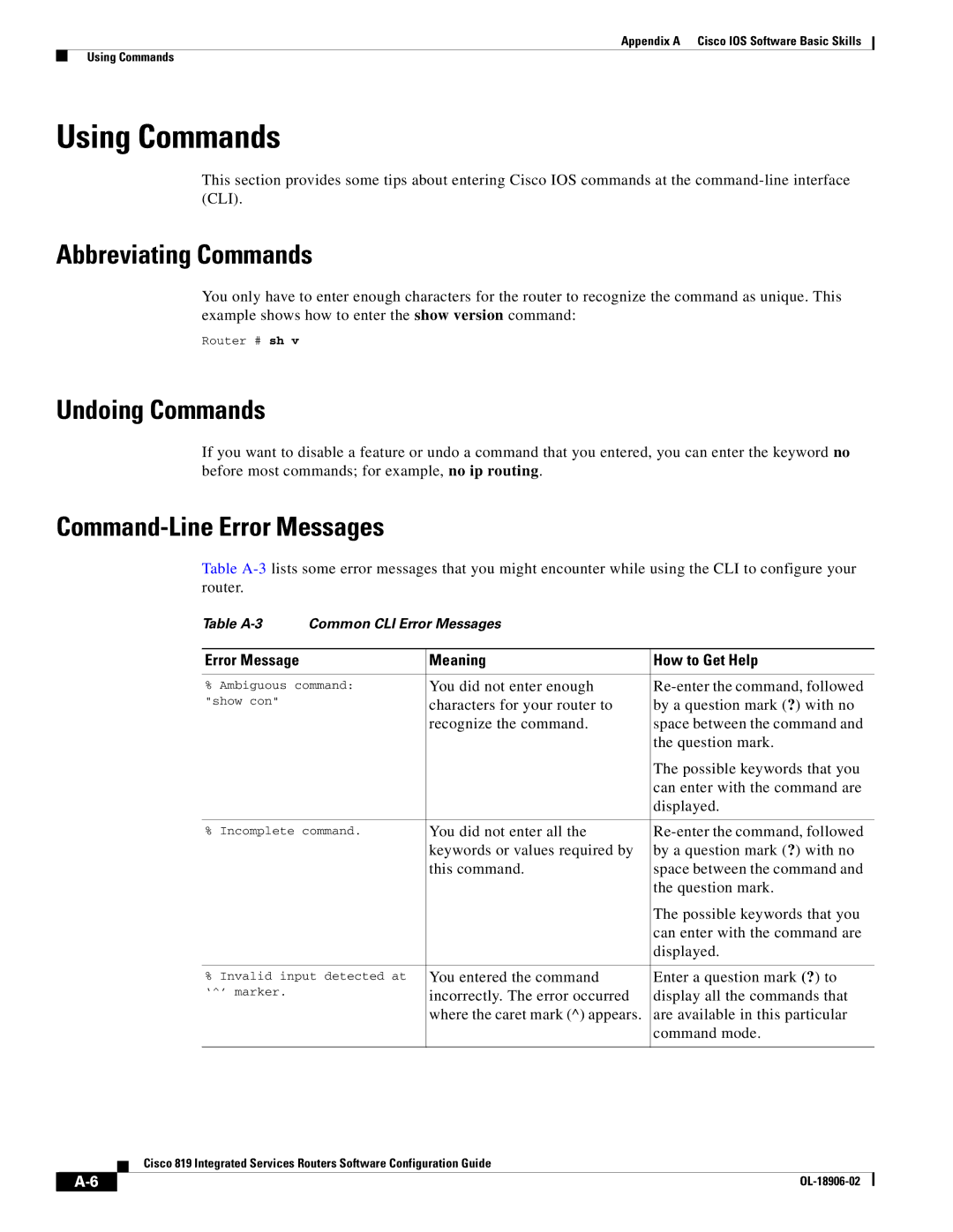 Cisco Systems C819GUK9, C819HG4GVK9 Using Commands, Abbreviating Commands, Undoing Commands, Command-Line Error Messages 