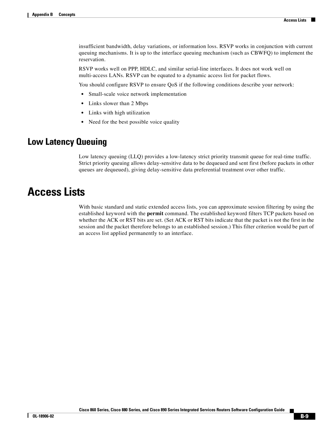 Cisco Systems C819HG4GVK9, C819GUK9 manual Access Lists, Low Latency Queuing 