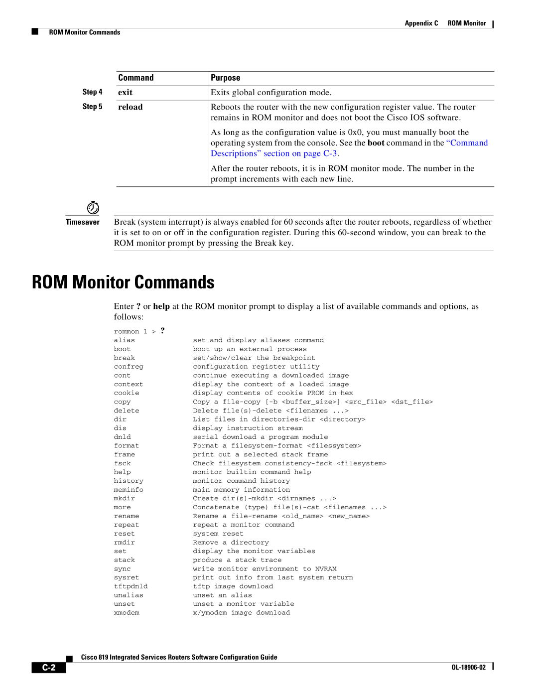 Cisco Systems C819GUK9 ROM Monitor Commands, Exits global configuration mode, Reload, Prompt increments with each new line 