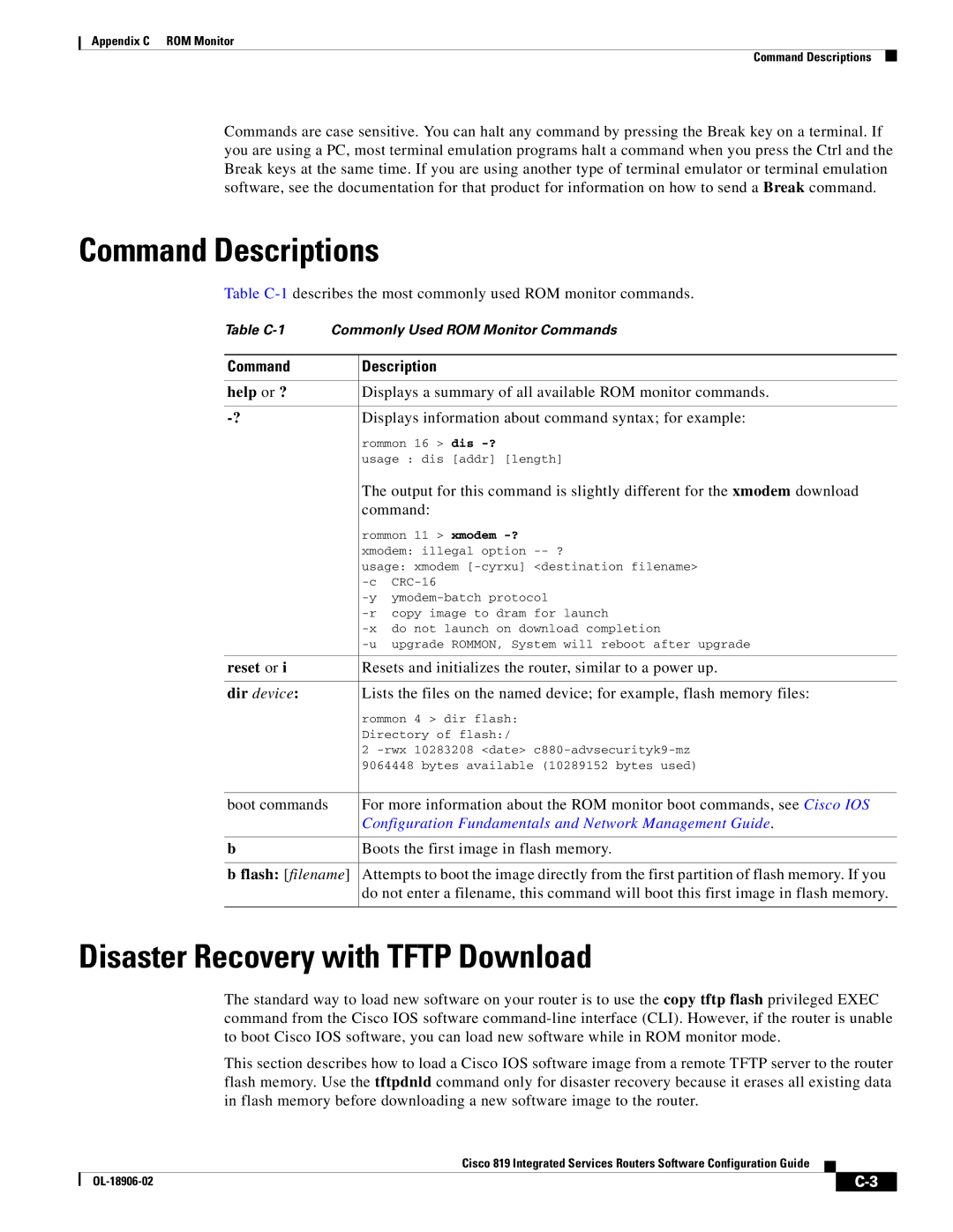 Cisco Systems C819HG4GVK9, C819GUK9 manual Command Descriptions, Disaster Recovery with Tftp Download 