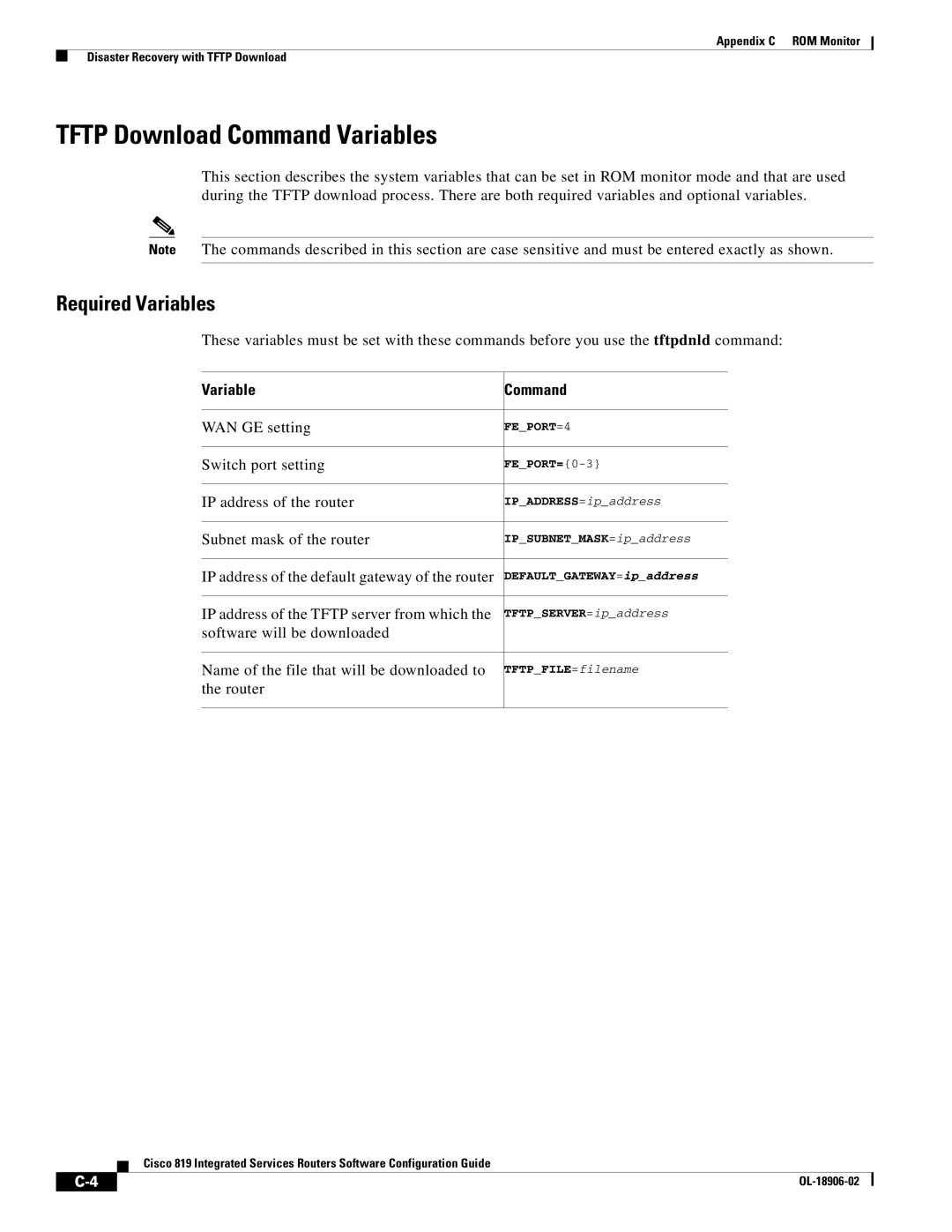 Cisco Systems C819GUK9, C819HG4GVK9 manual Tftp Download Command Variables, Required Variables, Variable Command 