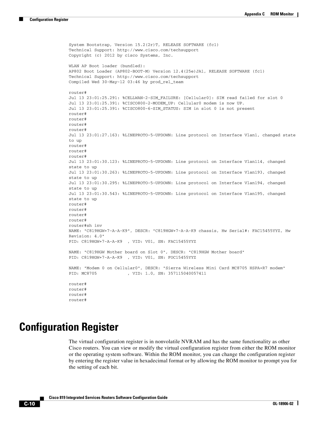 Cisco Systems C819GUK9, C819HG4GVK9 manual Appendix C ROM Monitor Configuration Register 