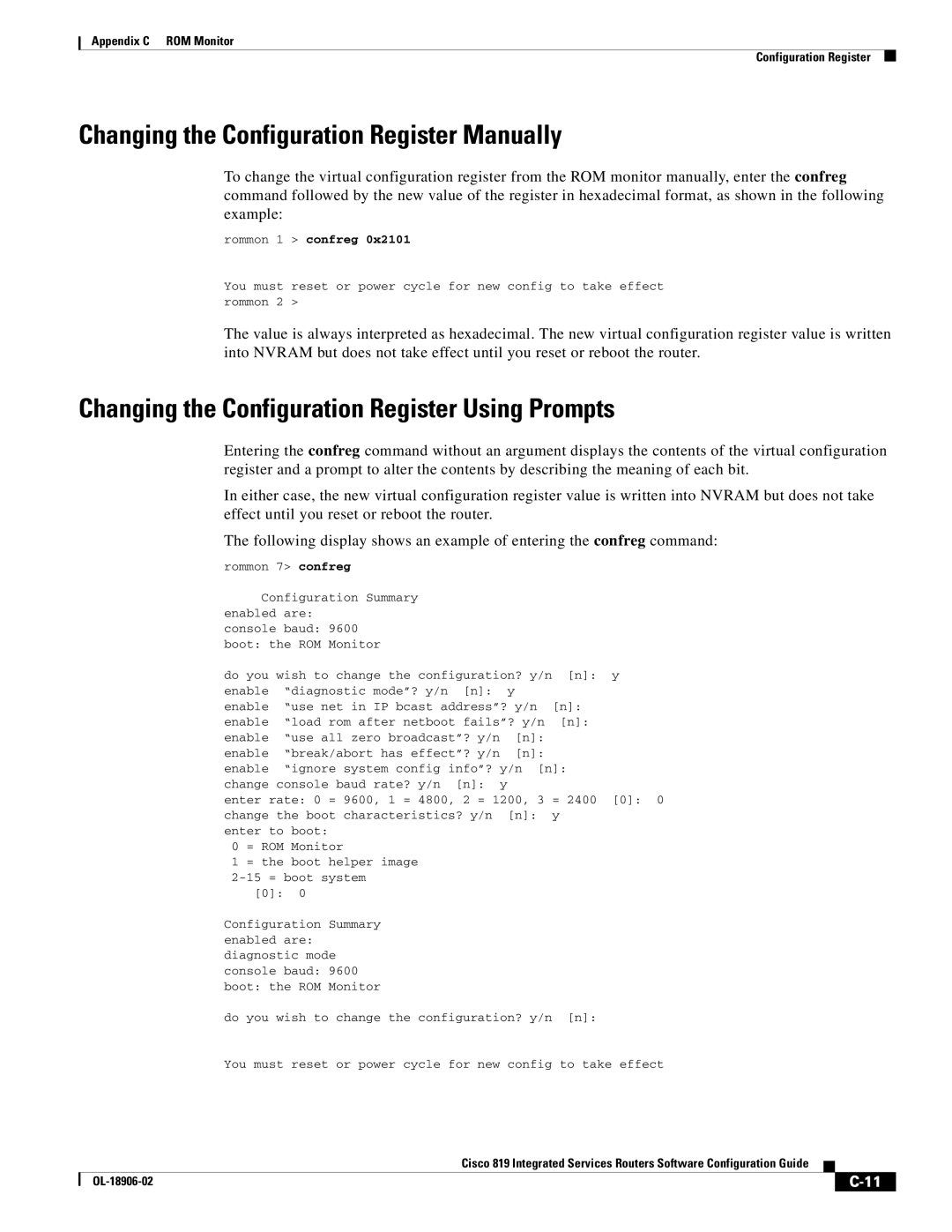 Cisco Systems C819HG4GVK9 Changing the Configuration Register Manually, Changing the Configuration Register Using Prompts 