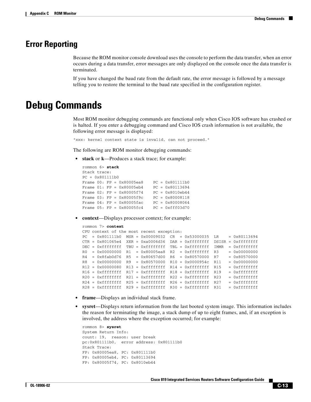 Cisco Systems C819HG4GVK9, C819GUK9 manual Debug Commands, Error Reporting, Context-Displays processor context for example 