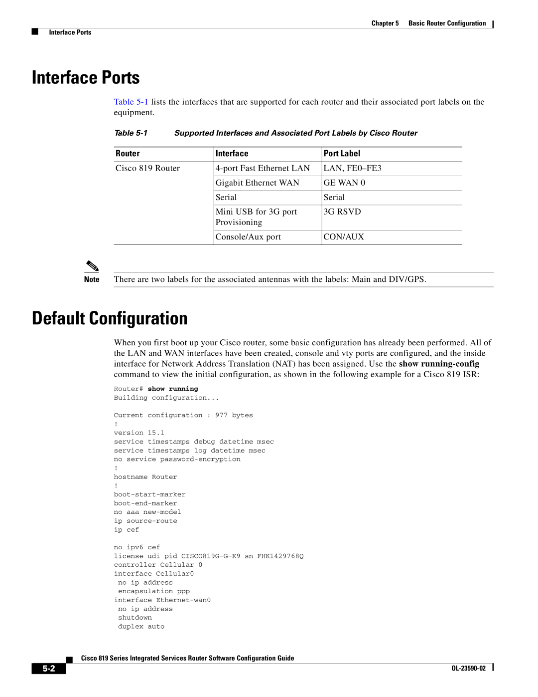 Cisco Systems C819GUK9, C819HG4GVK9 manual Interface Ports, Default Configuration, Router Interface Port Label 