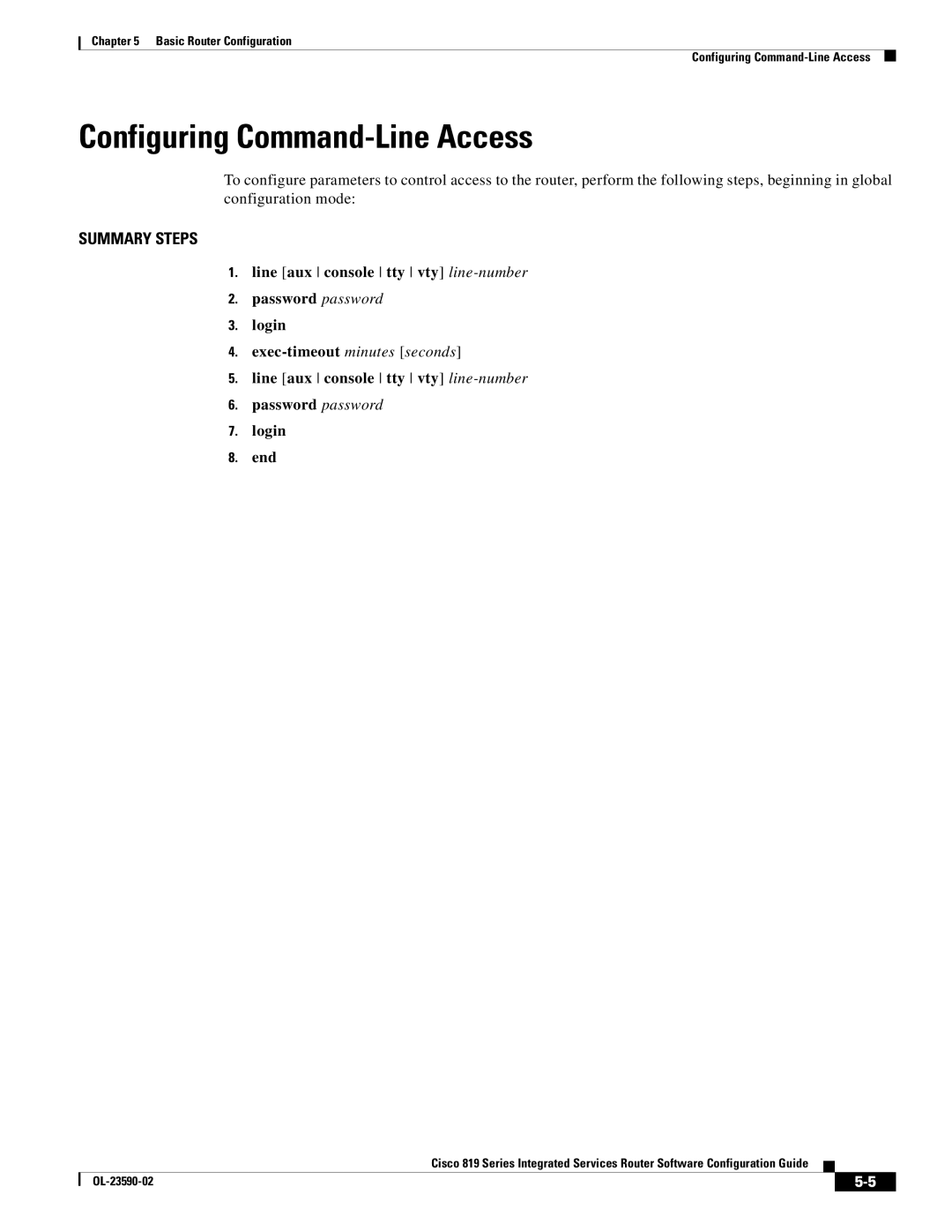 Cisco Systems C819HG4GVK9 Configuring Command-Line Access, Line aux console tty vty line-number Password password Login 