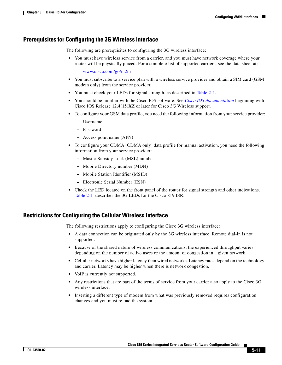 Cisco Systems C819HG4GVK9, C819GUK9 manual Prerequisites for Configuring the 3G Wireless Interface 