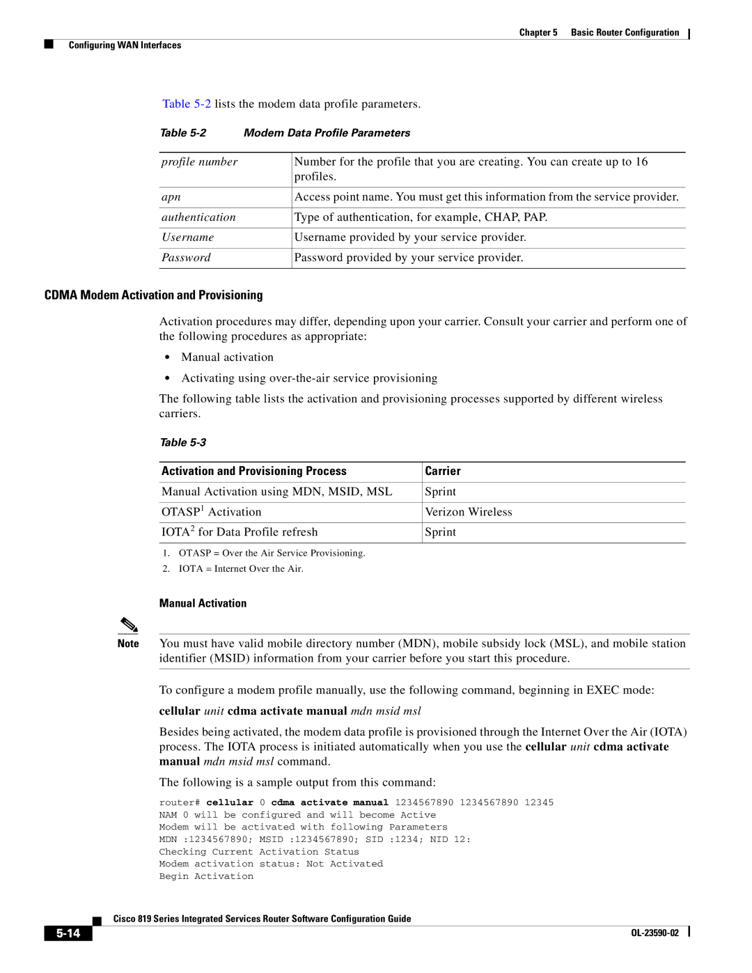 Cisco Systems C819GUK9, C819HG4GVK9 2lists the modem data profile parameters, Activation and Provisioning Process Carrier 