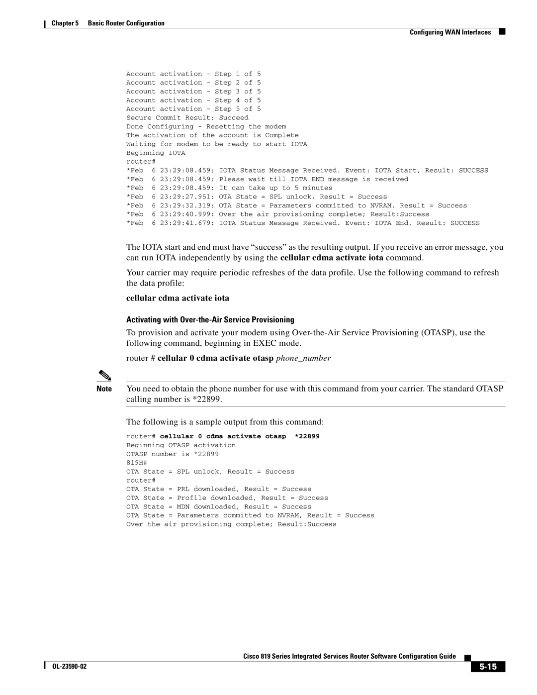 Cisco Systems C819HG4GVK9, C819GUK9 manual Cellular cdma activate iota, Activating with Over-the-Air Service Provisioning 