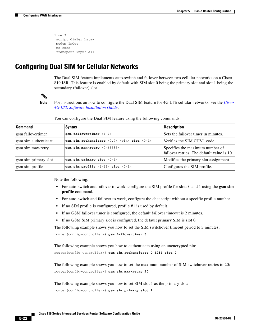 Cisco Systems C819GUK9, C819HG4GVK9 manual Configuring Dual SIM for Cellular Networks, Command Syntax Description 