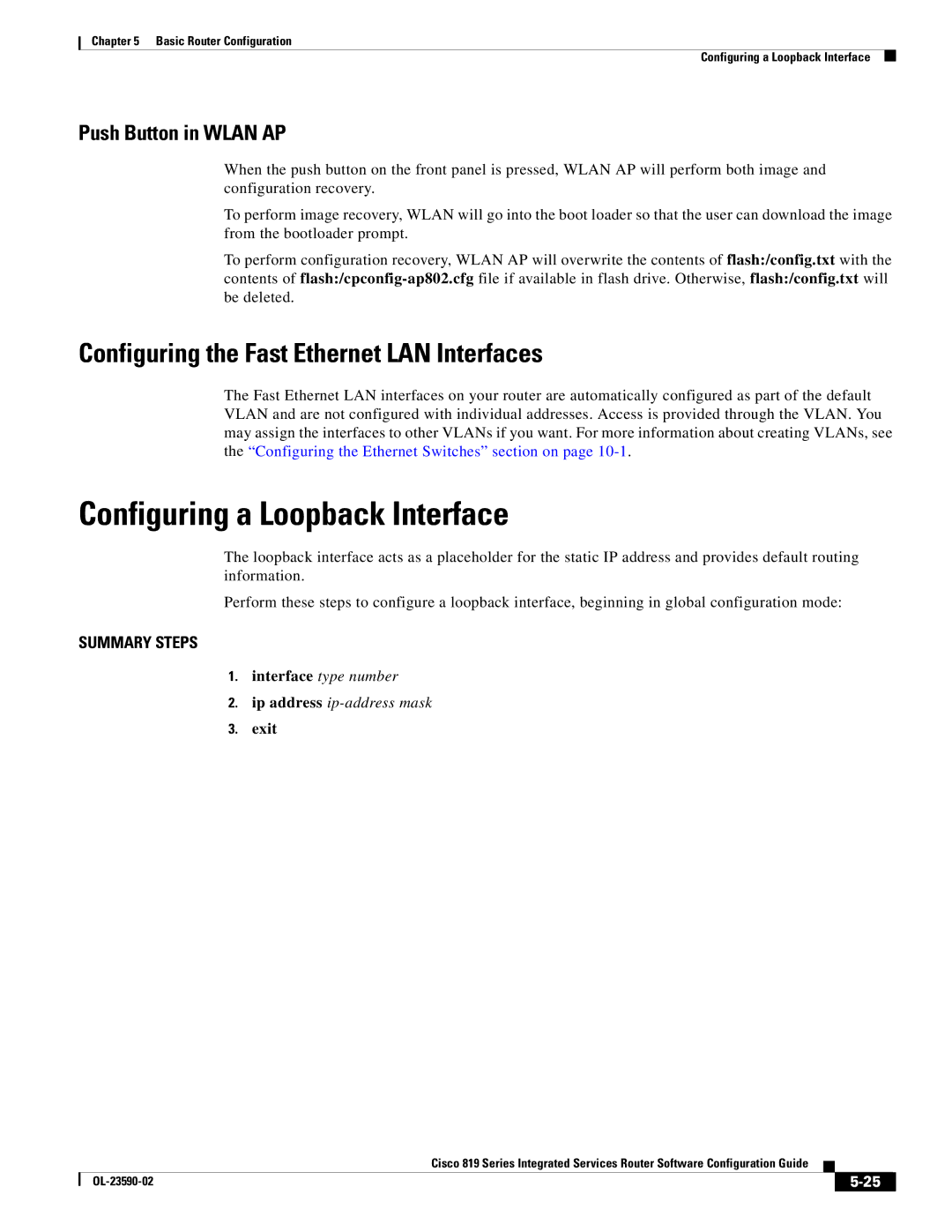 Cisco Systems C819HG4GVK9, C819GUK9 manual Configuring a Loopback Interface, Configuring the Fast Ethernet LAN Interfaces 