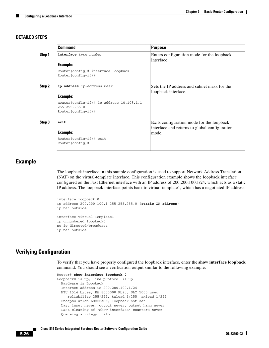 Cisco Systems C819GUK9, C819HG4GVK9 manual Verifying Configuration, Router# show interface loopback 