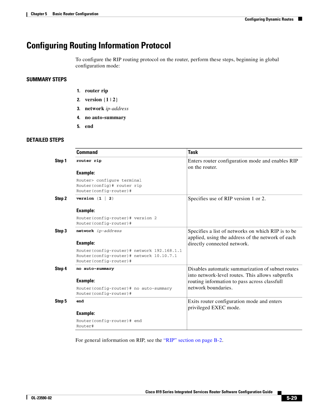 Cisco Systems C819HG4GVK9, C819GUK9 Configuring Routing Information Protocol, Router rip Version 1, No auto-summary End 