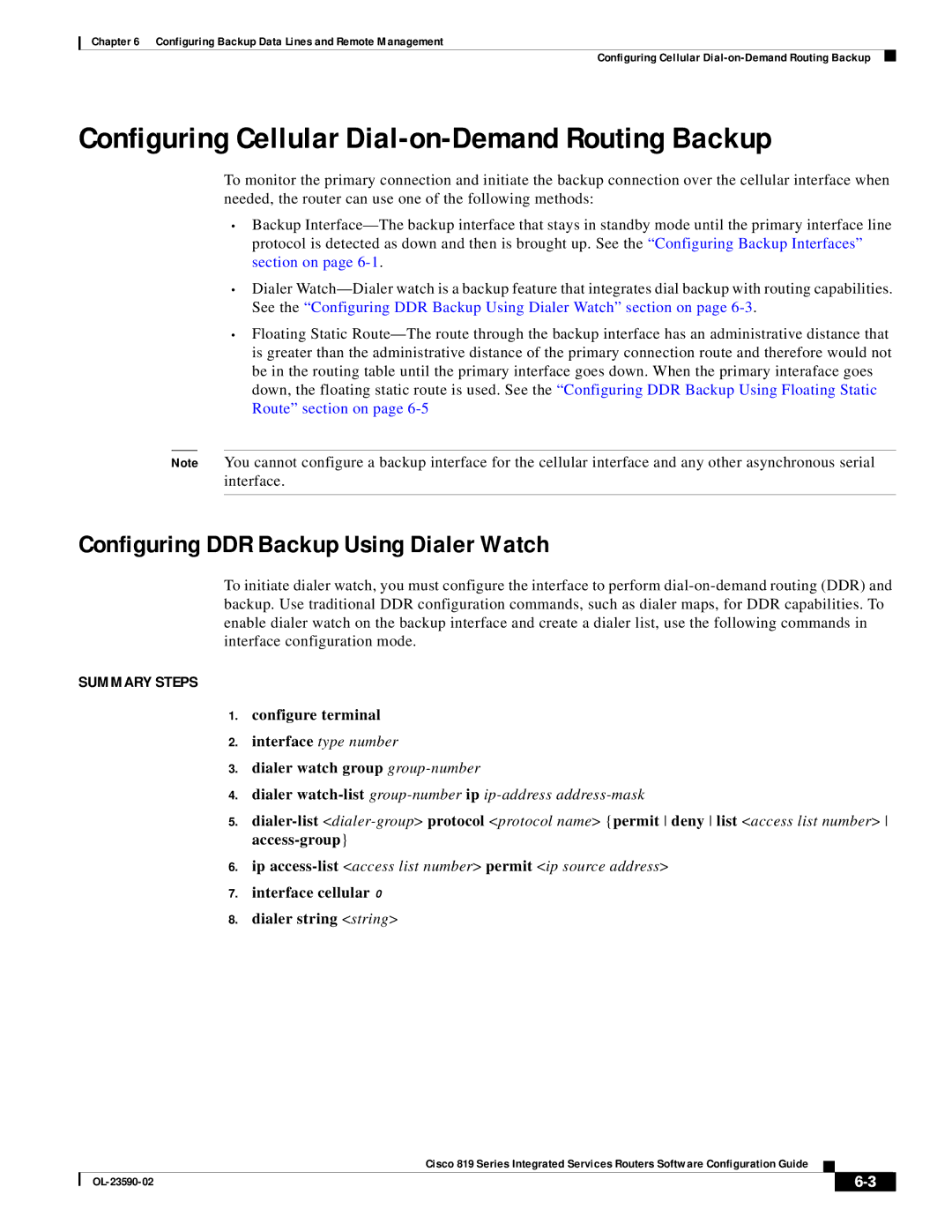 Cisco Systems C819HG4GVK9 Configuring Cellular Dial-on-Demand Routing Backup, Configuring DDR Backup Using Dialer Watch 