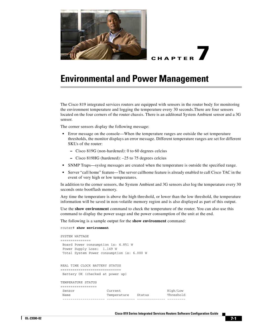 Cisco Systems C819HG4GVK9, C819GUK9 manual Environmental and Power Management, Router# show environment 