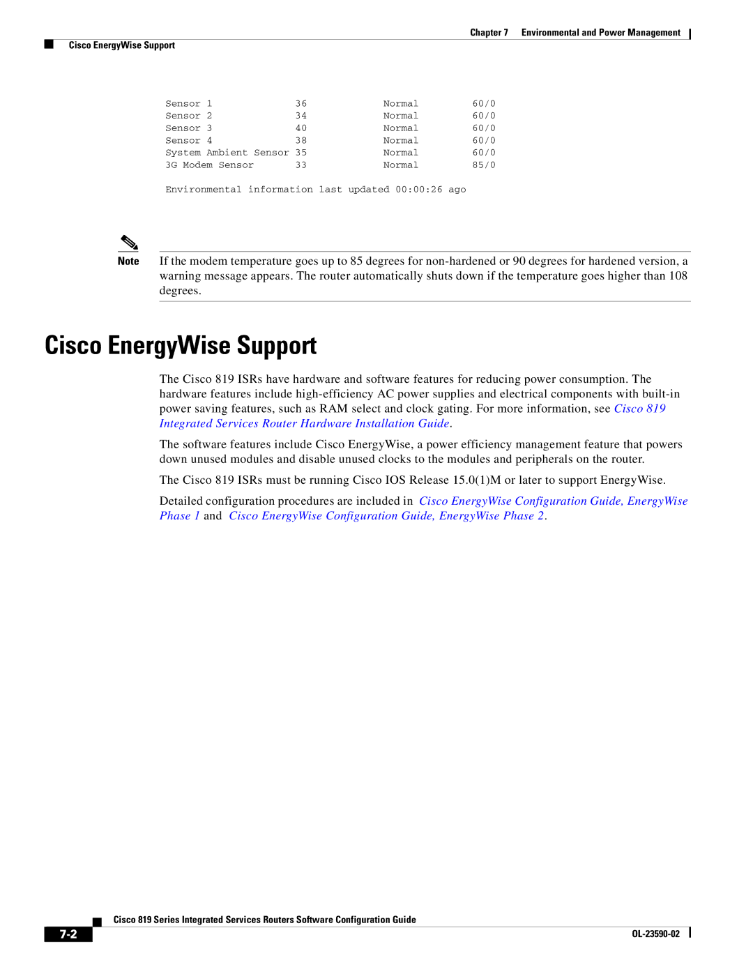 Cisco Systems C819GUK9, C819HG4GVK9 manual Environmental and Power Management Cisco EnergyWise Support 