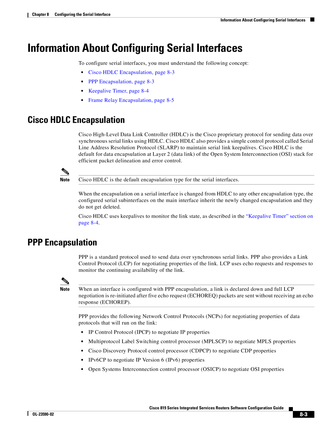 Cisco Systems C819HG4GVK9 Information About Configuring Serial Interfaces, Cisco Hdlc Encapsulation, PPP Encapsulation 