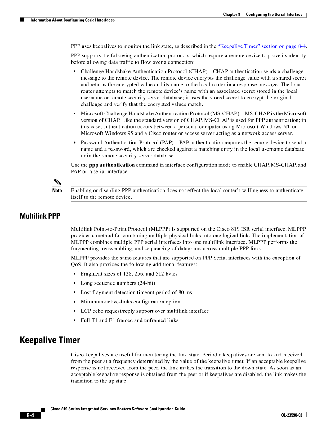 Cisco Systems C819GUK9, C819HG4GVK9 manual Keepalive Timer, Multilink PPP 