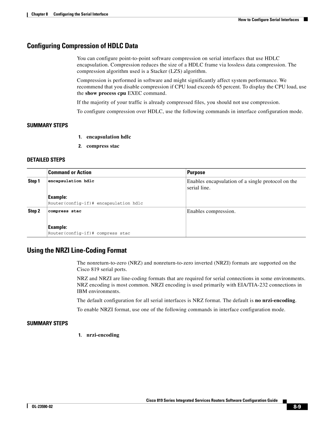 Cisco Systems C819HG4GVK9, C819GUK9 Configuring Compression of Hdlc Data, Using the Nrzi Line-Coding Format, Nrzi-encoding 