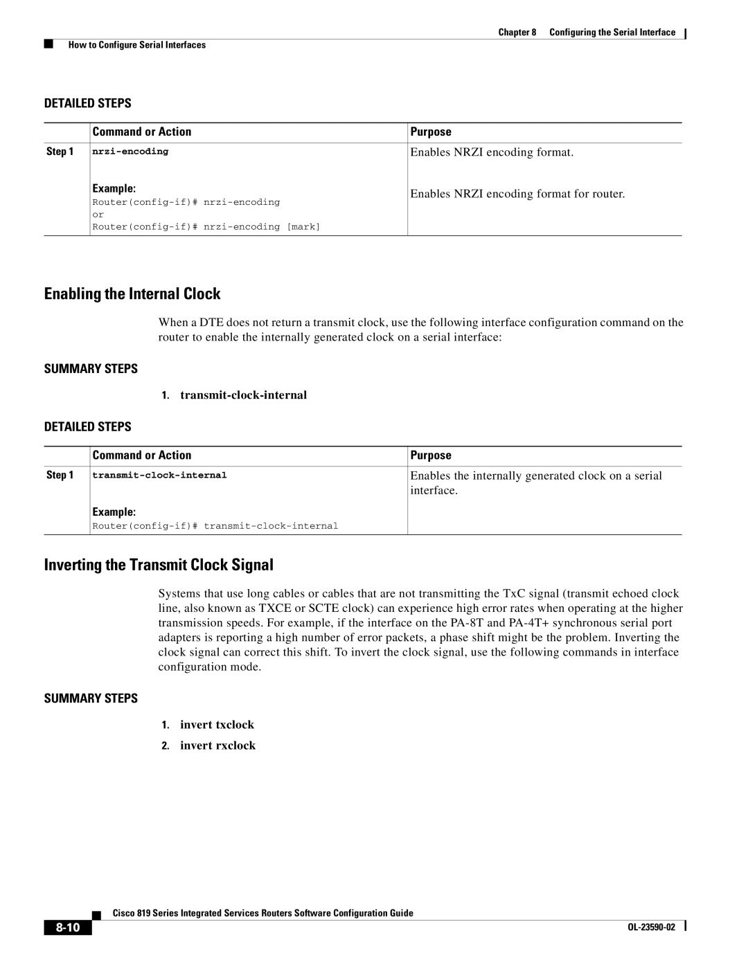 Cisco Systems C819GUK9 manual Enabling the Internal Clock, Inverting the Transmit Clock Signal, Transmit-clock-internal 